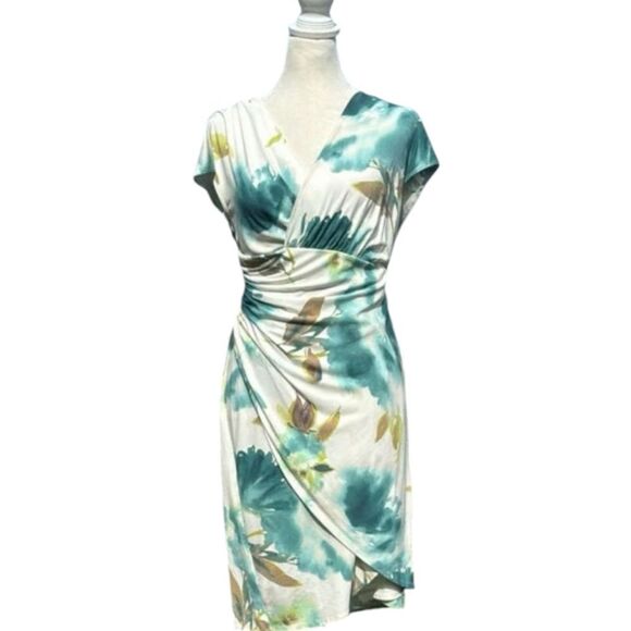 Tommy Bahama Blue Green and Yellow High Low Faux Wrap Dress Size M - Picture 2 of 11